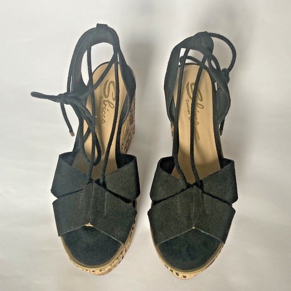 Sbicca Staycation Sandal Women Size 7 Black Leather Ankle Lace Up Platform Wedge - Picture 2 of 11